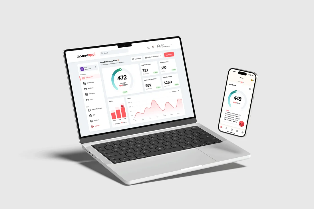 moneyappi HR dashboard on a laptop beside the appiScore on a phone