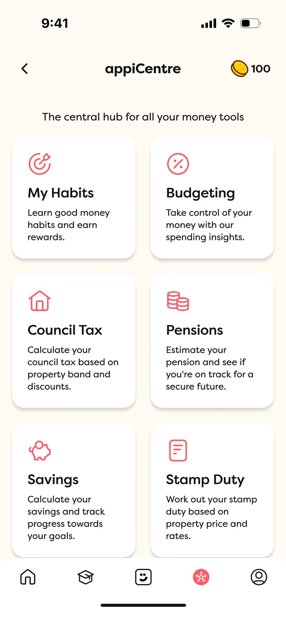appiCentre hub listing My Habits, Budgeting, Council Tax, Pensions, Savings and Stamp Duty tools