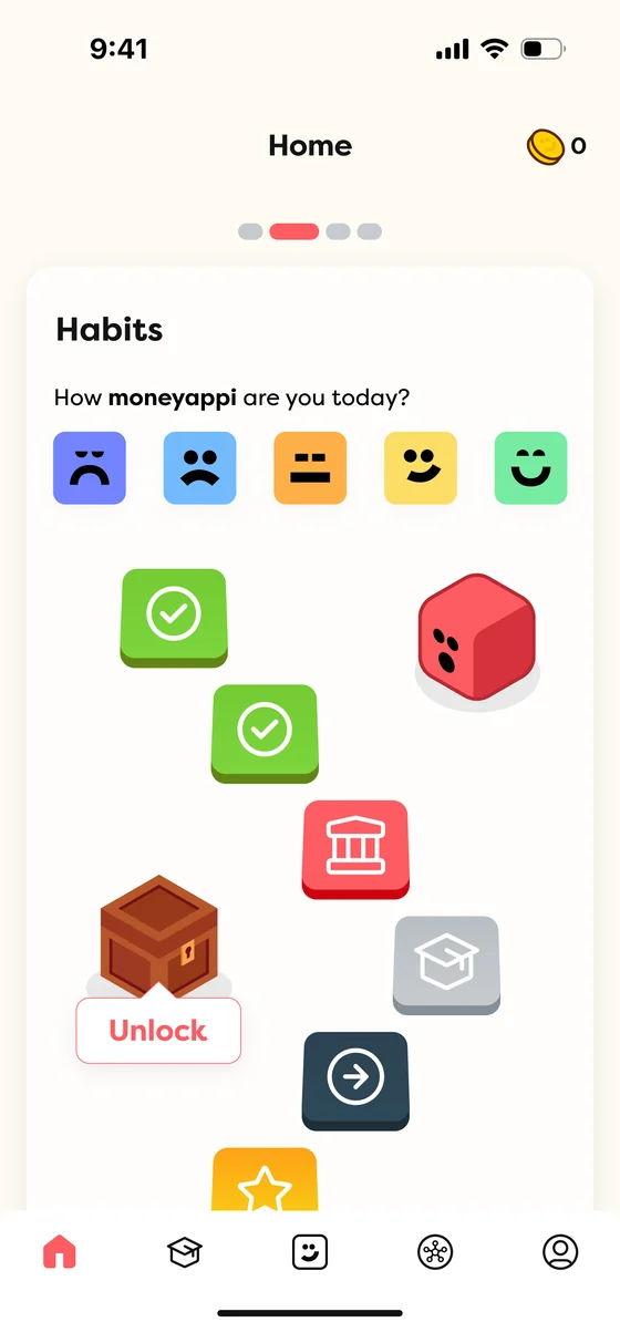 Habits screen with an Unlock prompt on the chest, Buddi surprised and the bank tile highlighted