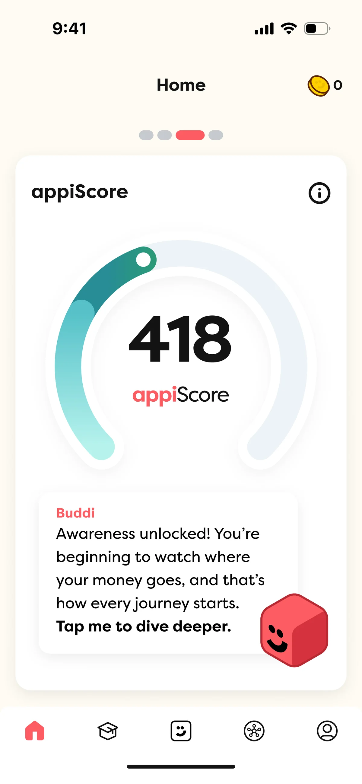 moneyappi home carousel showing the appiScore dial at 418 with Buddi alongside it