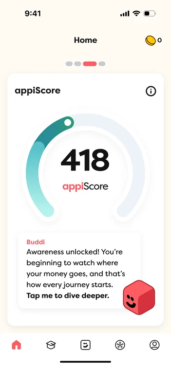 Home screen showing the appiScore dial at 418 with a Buddi prompt