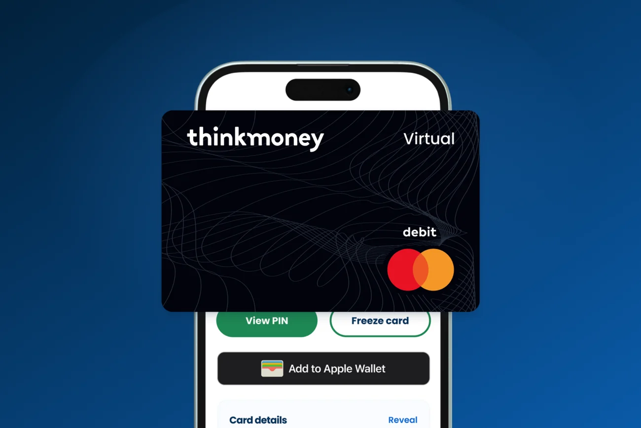 thinkmoney virtual debit card shown over the card screen in the app