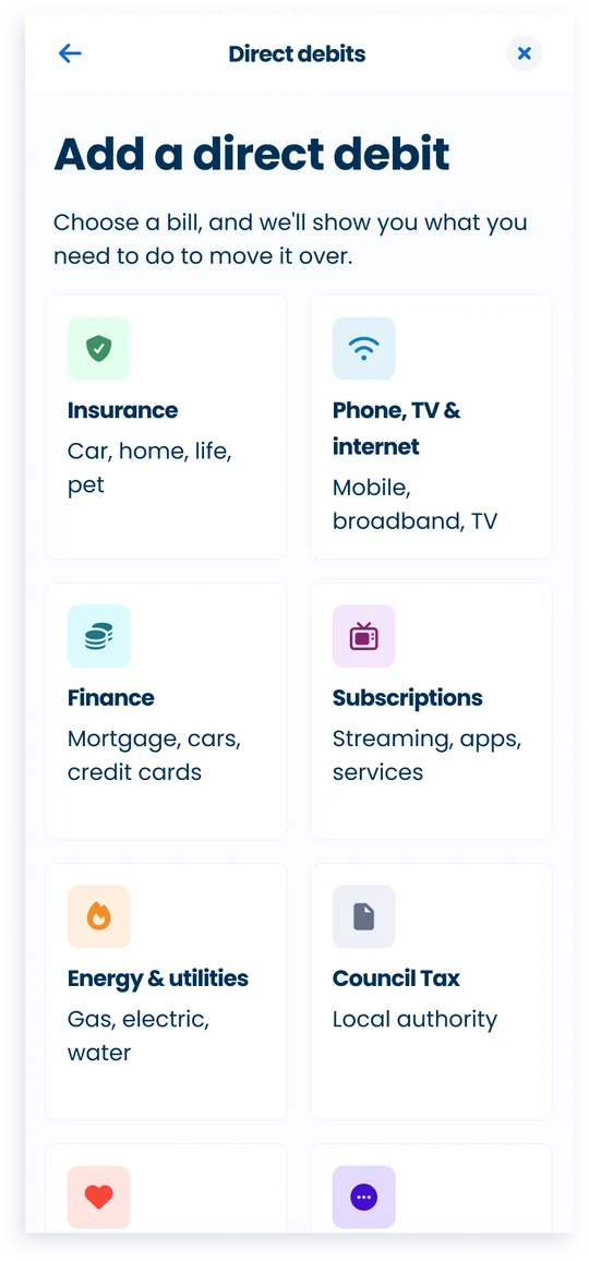Direct debit category selection screen with the primary category tiles