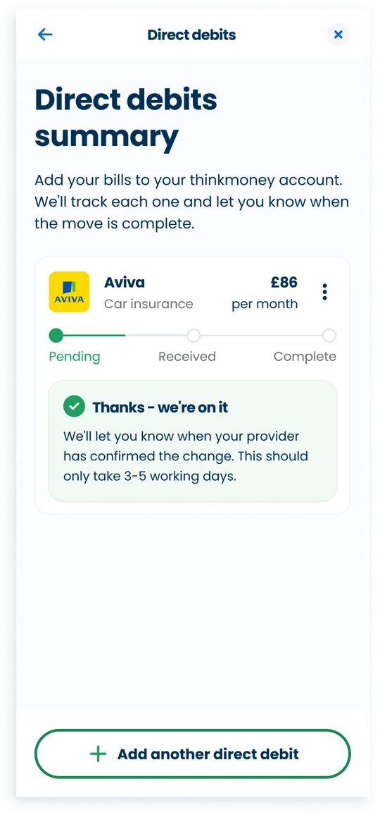 Direct debit summary and tracking screen with a pending status