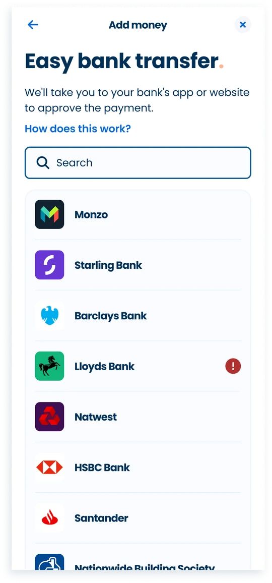 Fund by bank screen using Open Banking to top up the account